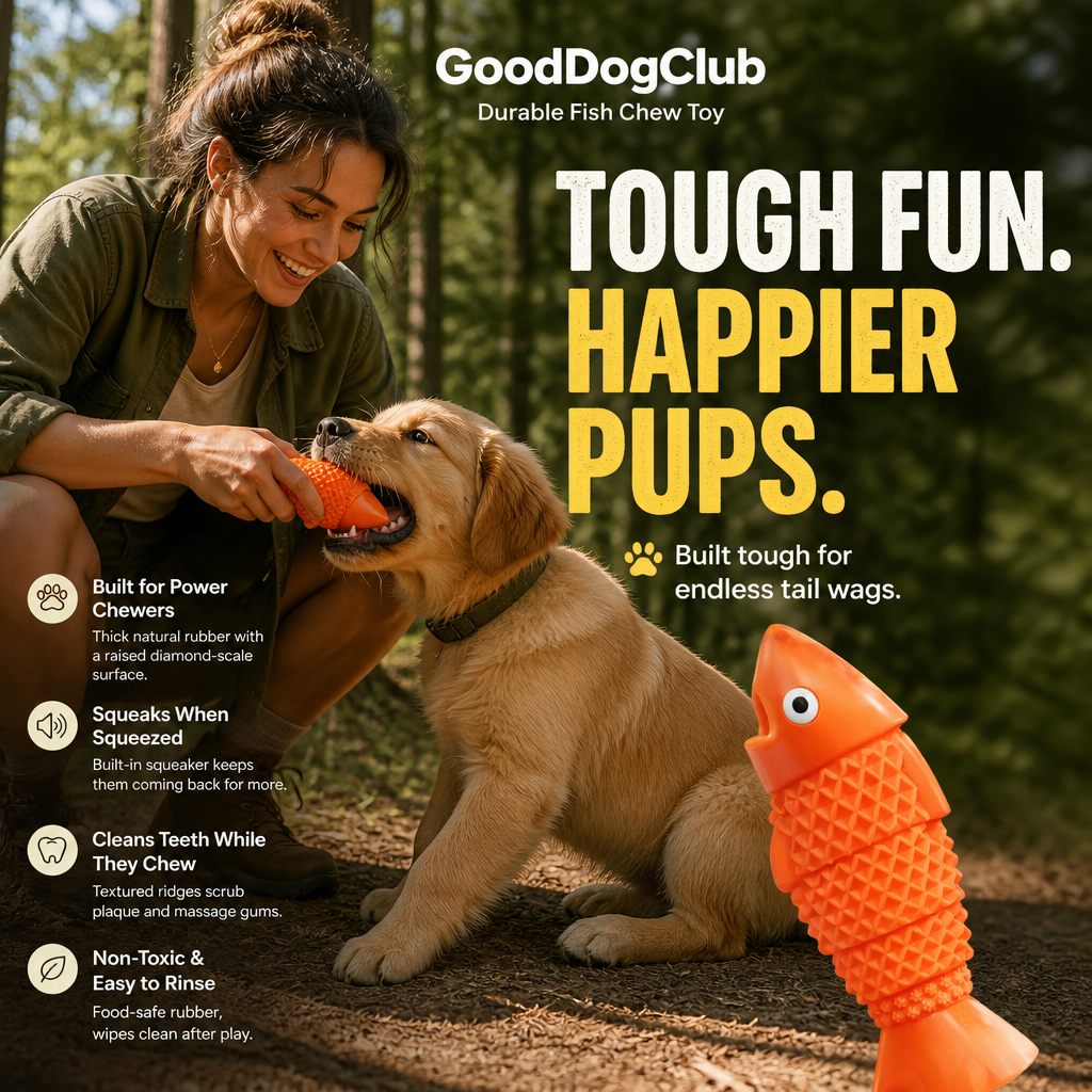 Chomper Cod dog toy with golden retriever puppy