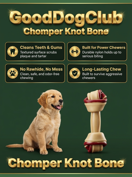 GoodDogClub gold infographic featuring the Chomper Knot Bone with Golden Retriever puppy
