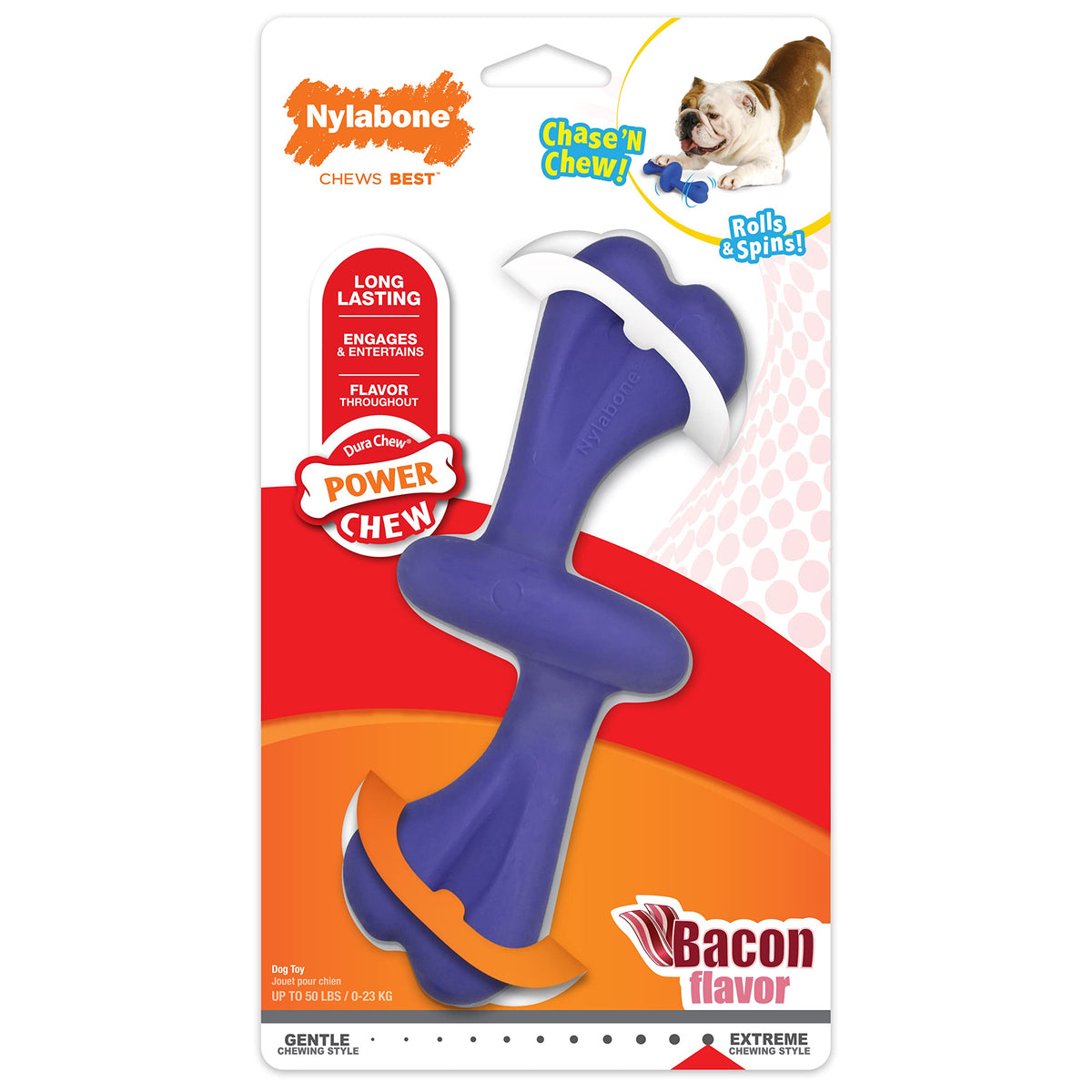 Nylabone Rolling Dog Toy Power Chew Dog Toy for Aggressive Chewers - Spin and Chase Dog Toy - Bacon Flavored Chew Toy for Dogs - Large/Giant (1-Count)