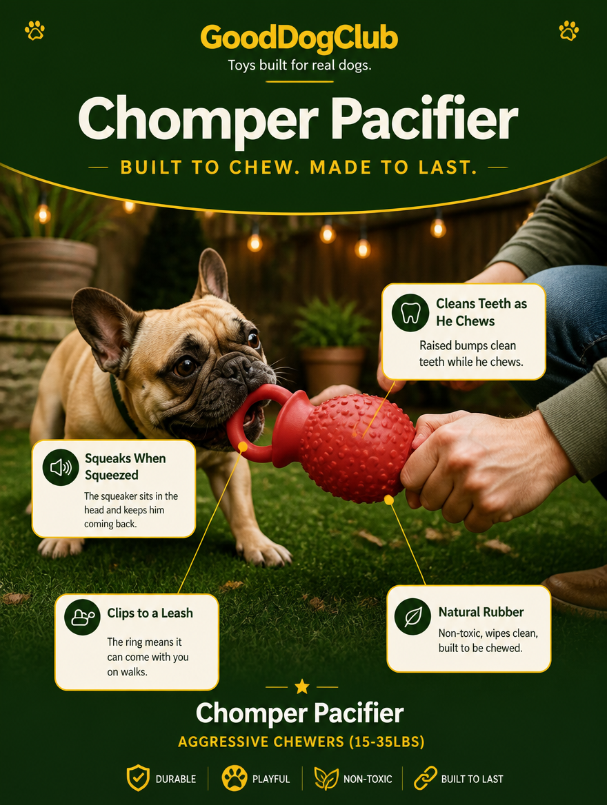 French Bulldog playing tug of war with Chomper Pacifier