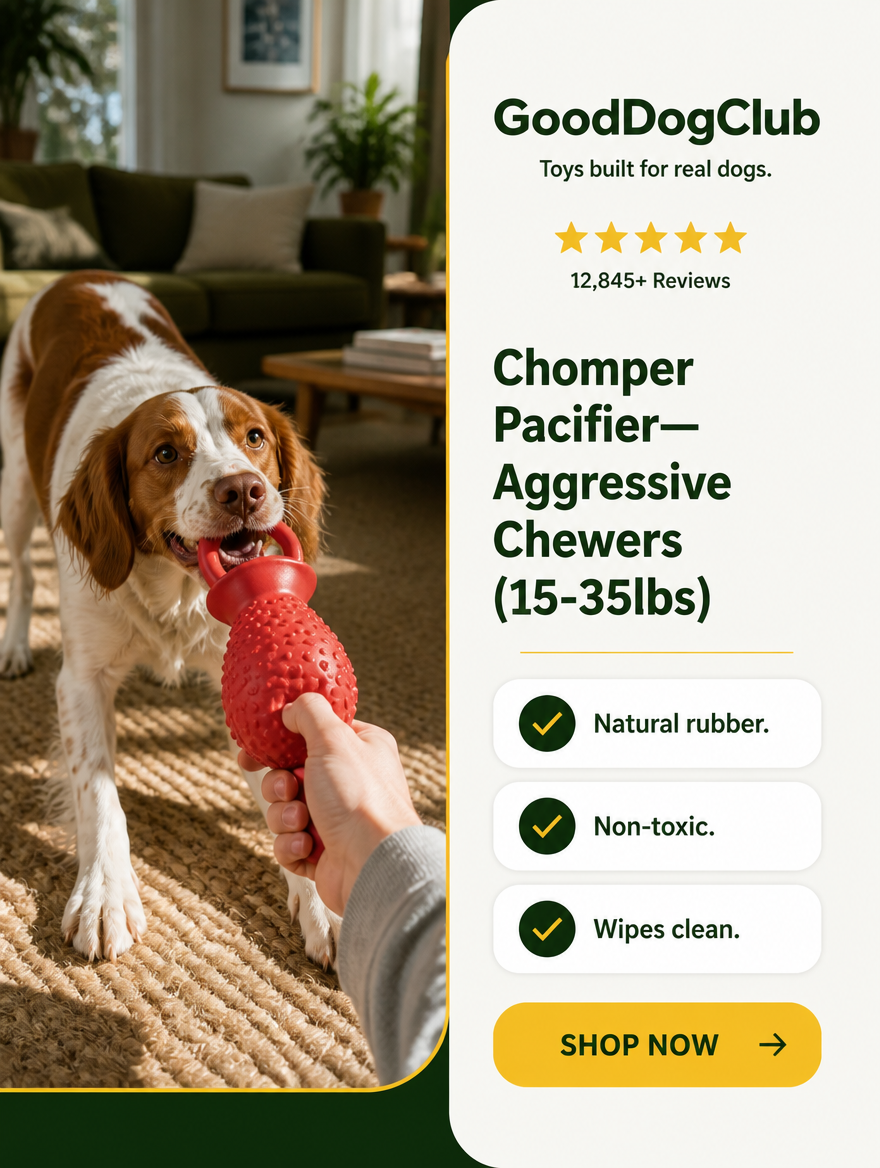 Brittany Spaniel playing tug of war with Chomper Pacifier