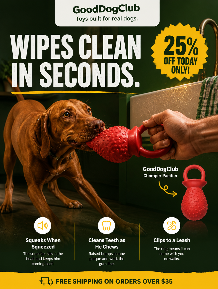 Vizsla playing tug of war with Chomper Pacifier