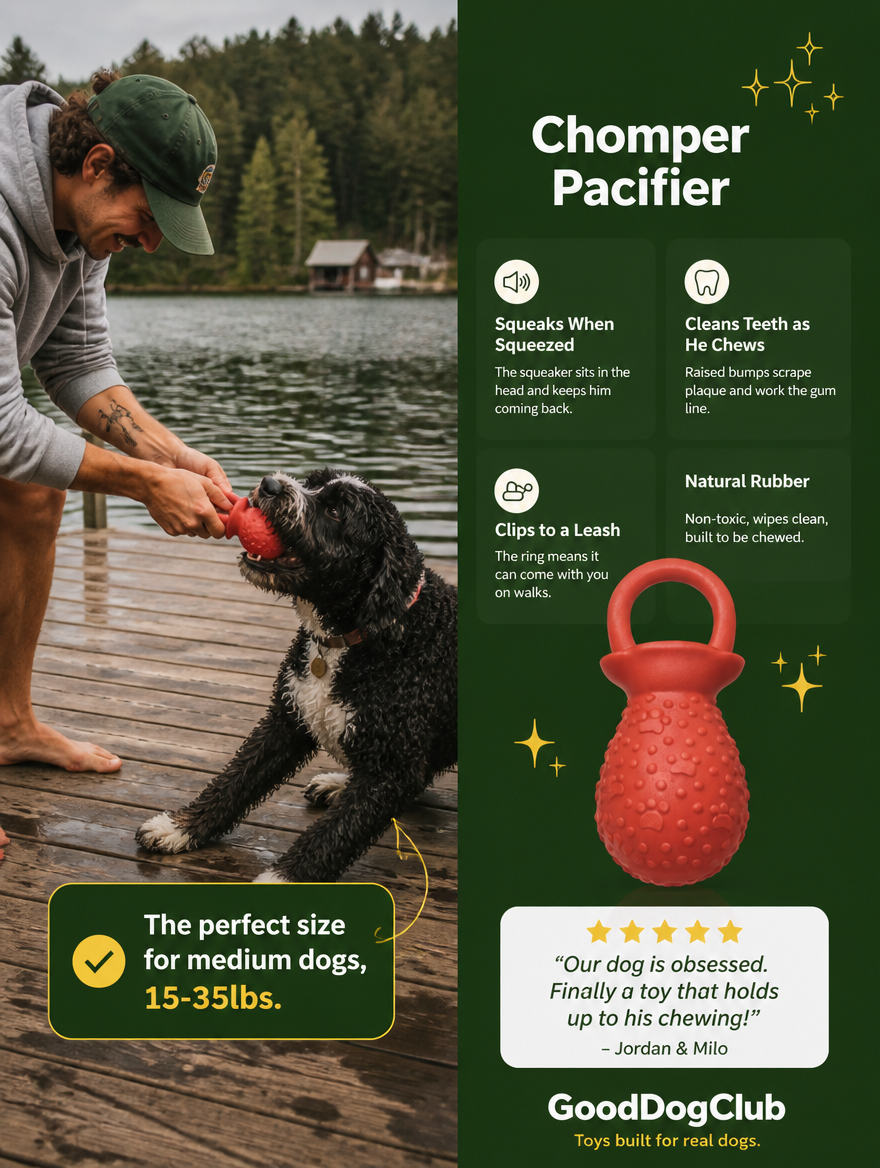 Portuguese Water Dog playing tug of war with Chomper Pacifier