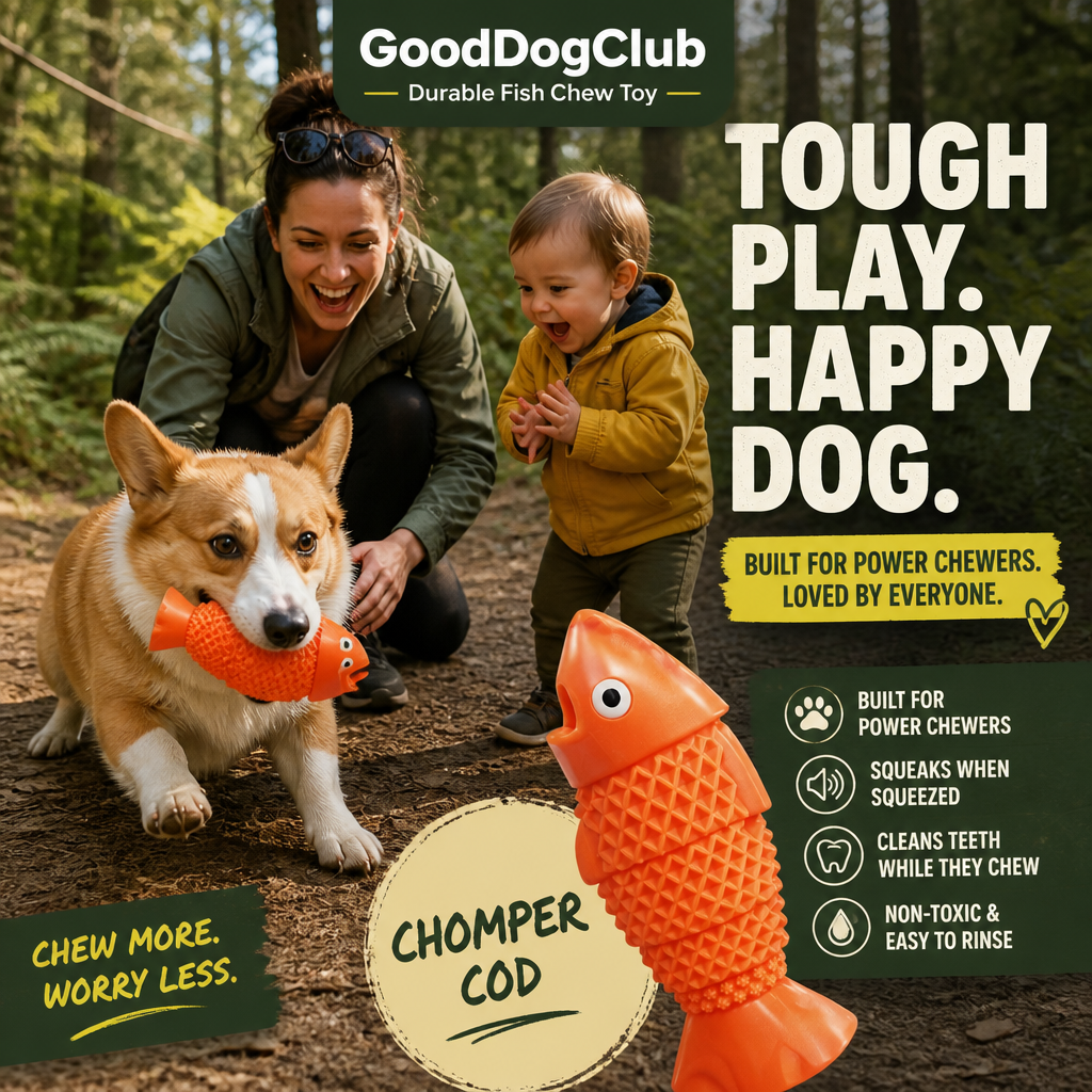 Chomper Cod dog toy with corgi and toddler