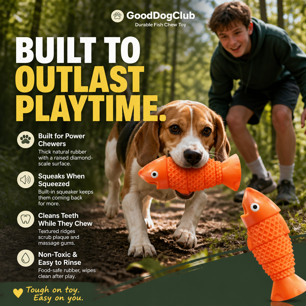 Chomper Cod dog toy with beagle