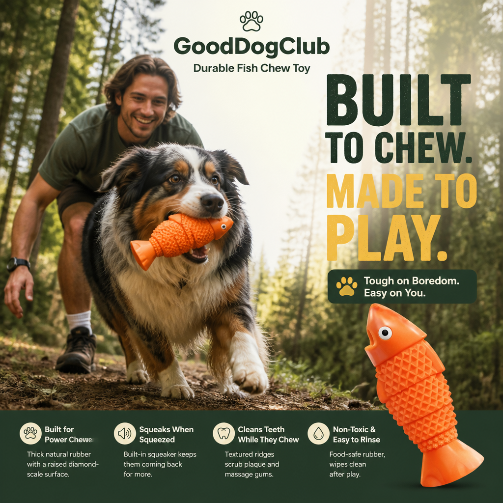 Chomper Cod dog toy with Australian shepherd