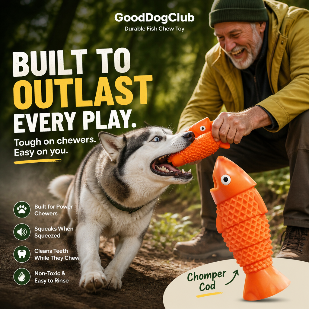 Chomper Cod dog toy with husky