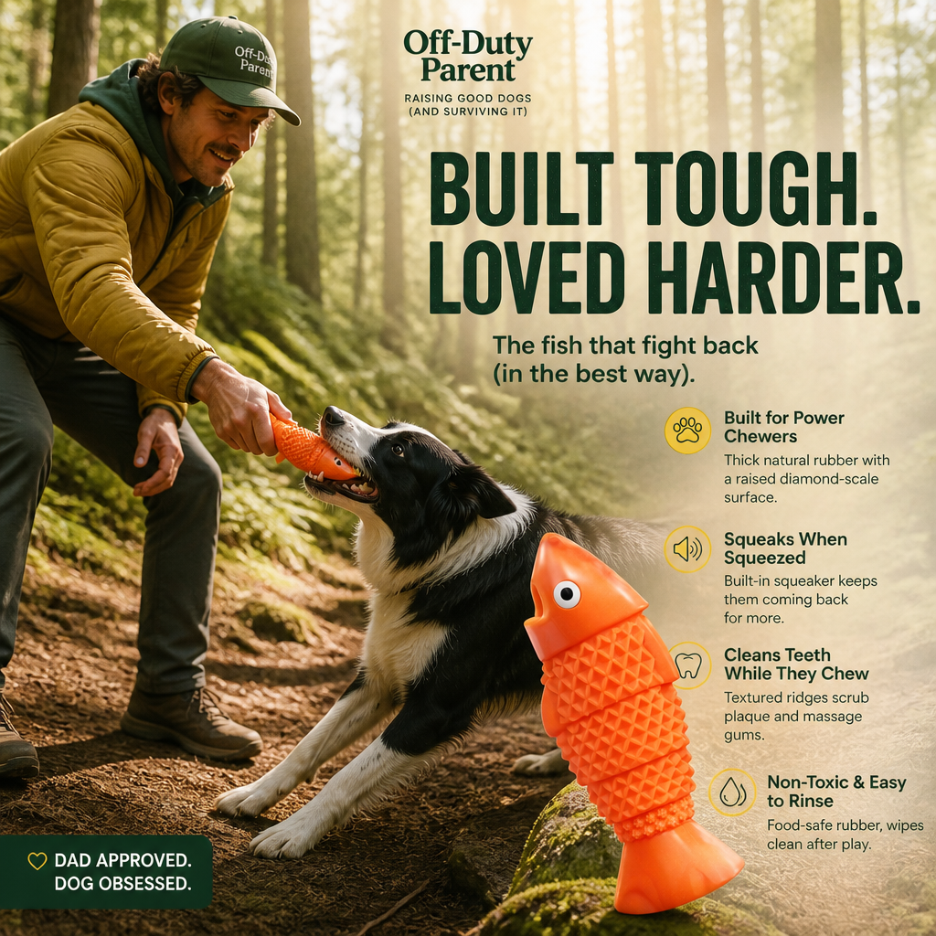Chomper Cod dog toy with border collie