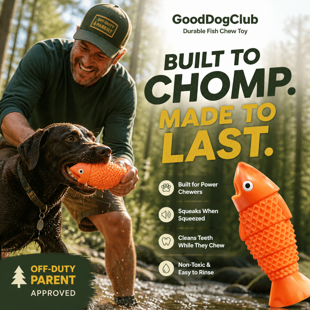Chomper Cod dog toy with chocolate labrador