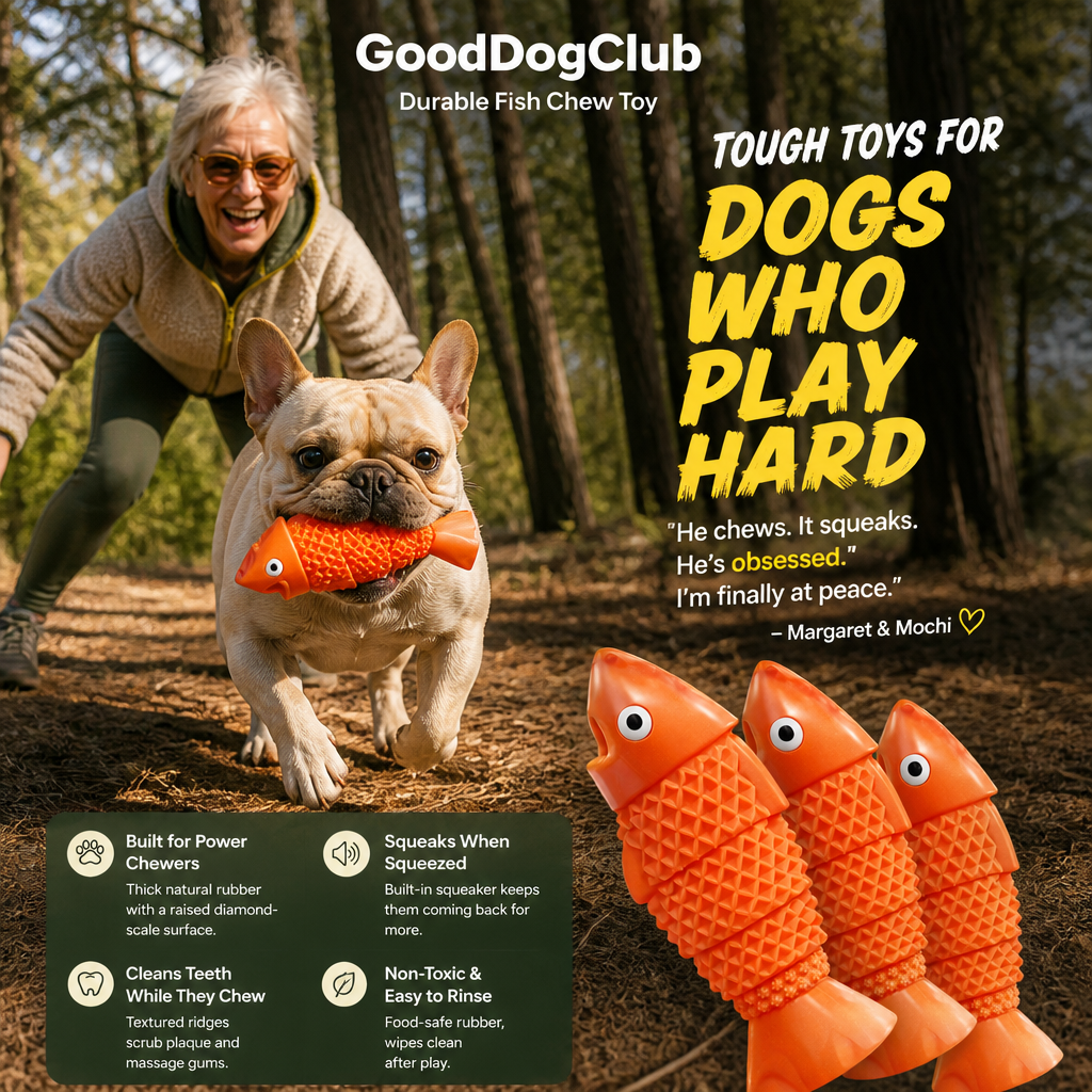 Chomper Cod dog toy with French bulldog