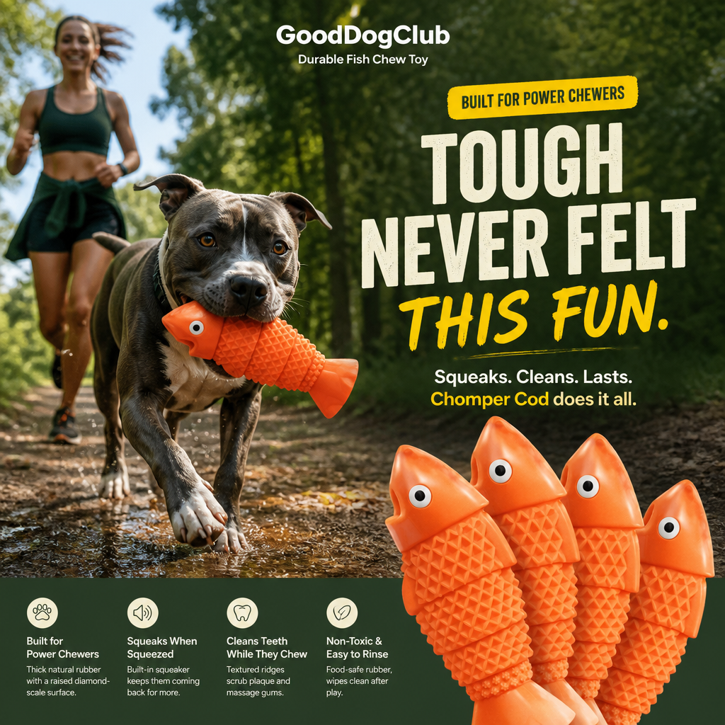 Chomper Cod dog toy with pit bull mix