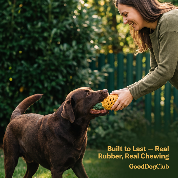 Labrador playing tug of war with owner