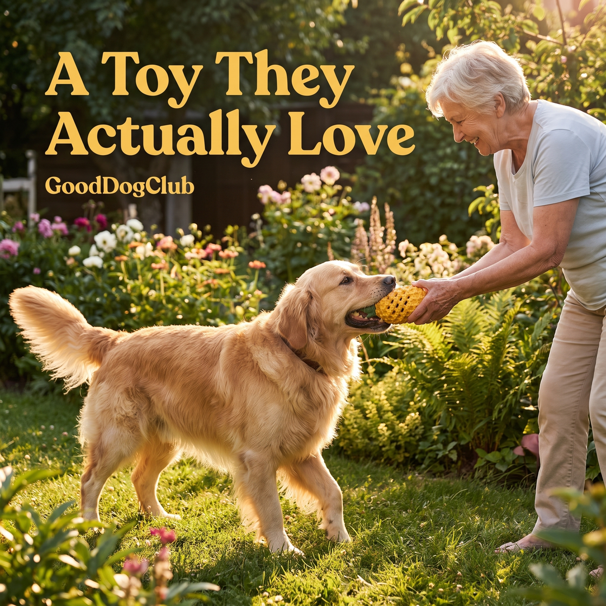 Golden Retriever playing tug of war in garden