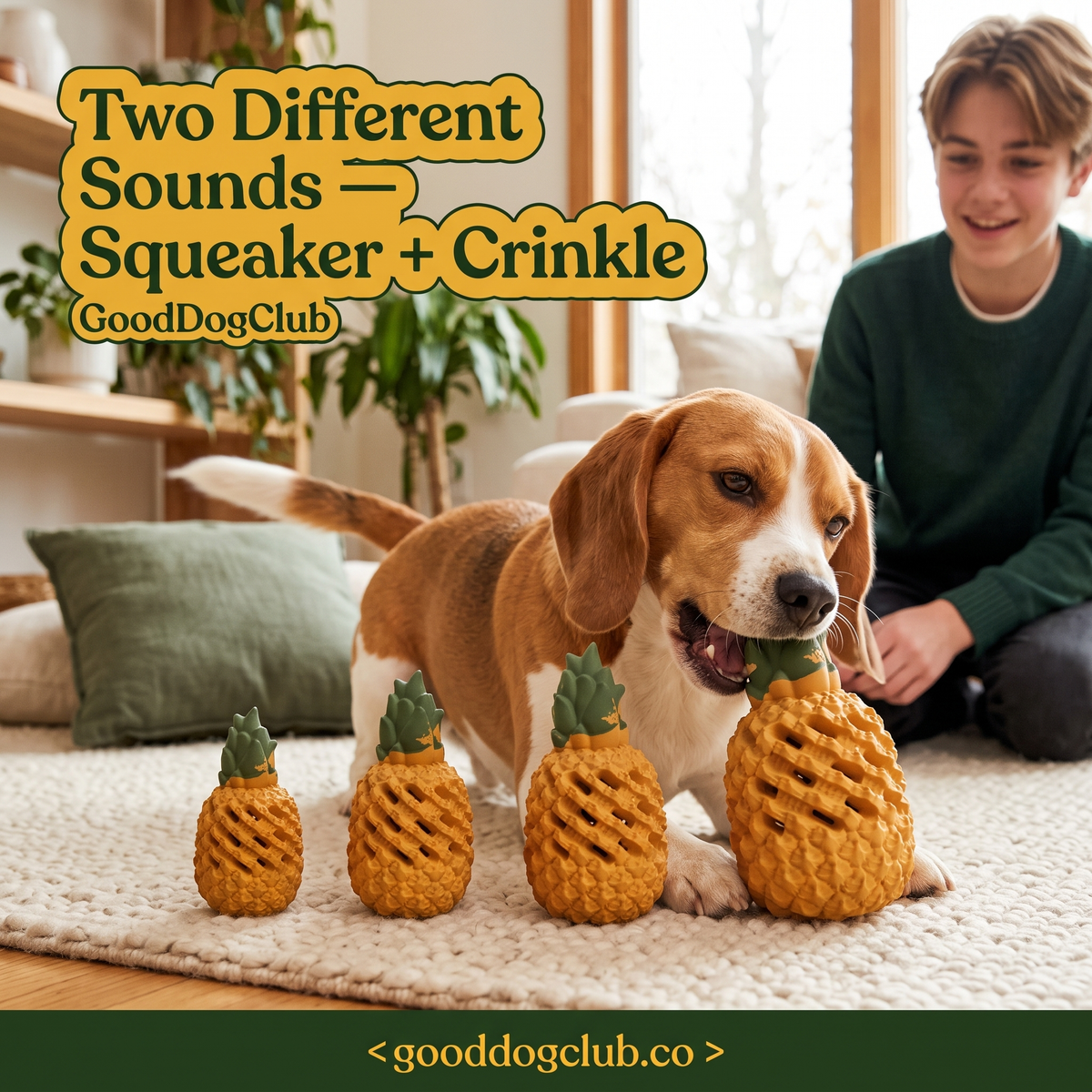 Beagle chewing pineapple toy squeaker