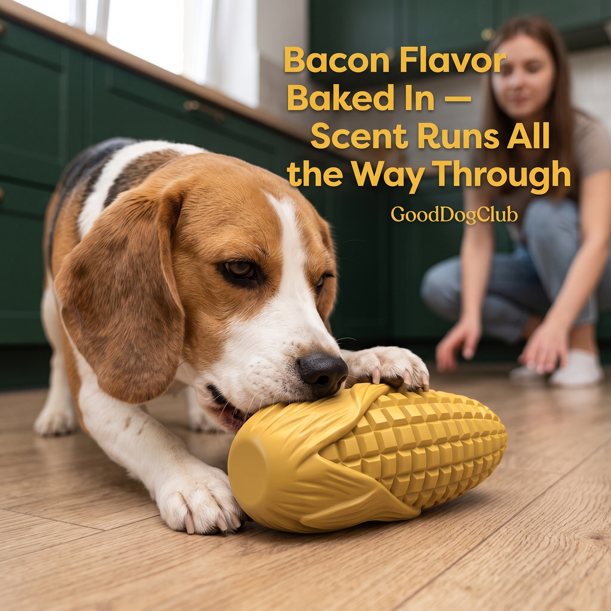 Beagle sniffing bacon flavor toy