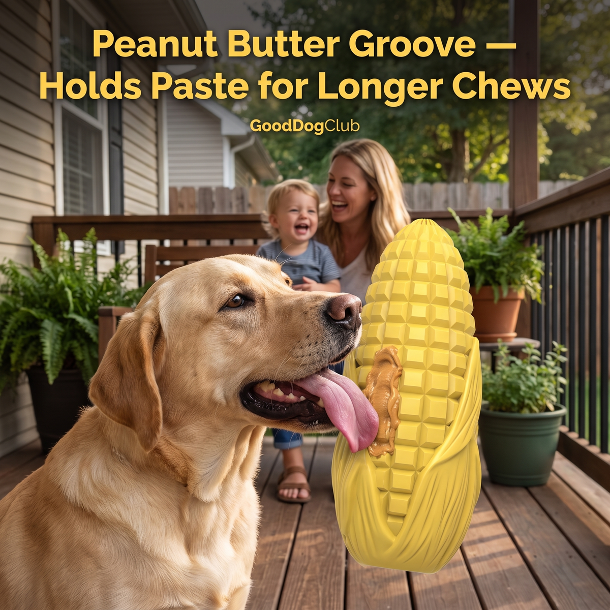 Labrador licking peanut butter groove