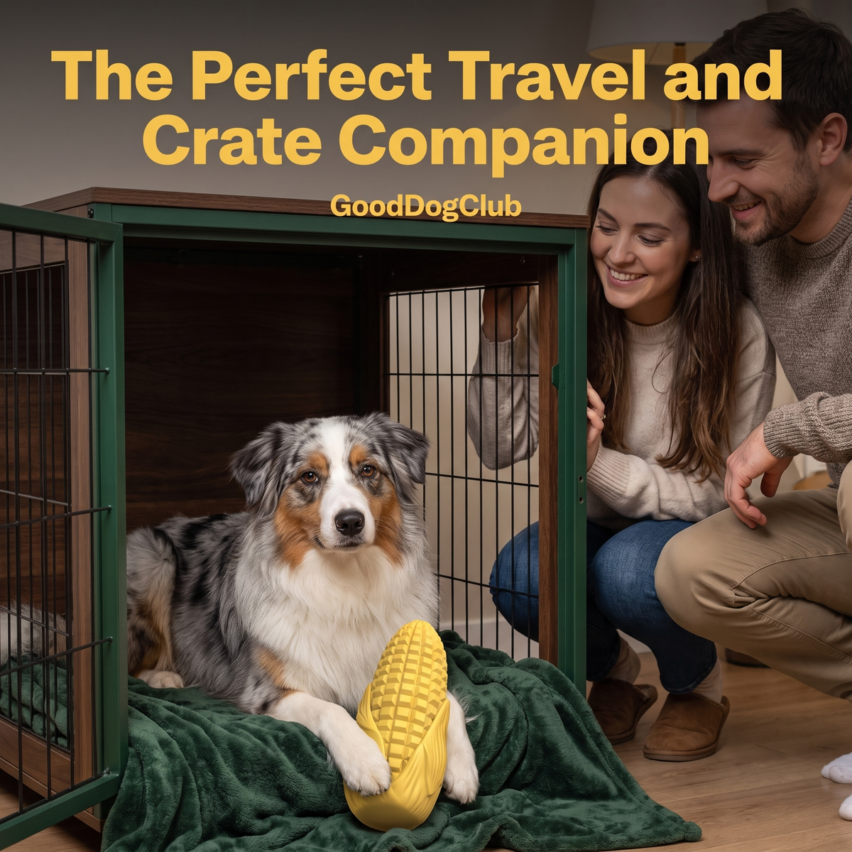 Australian Shepherd in crate travel companion