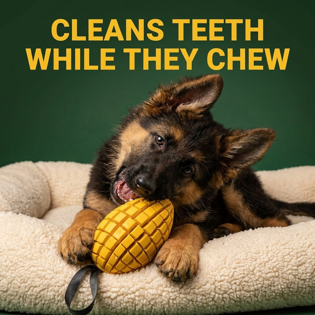 Chomper Mango dog toy with German Shepherd puppy