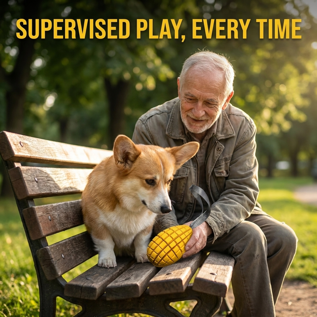 Chomper Mango dog toy with Corgi