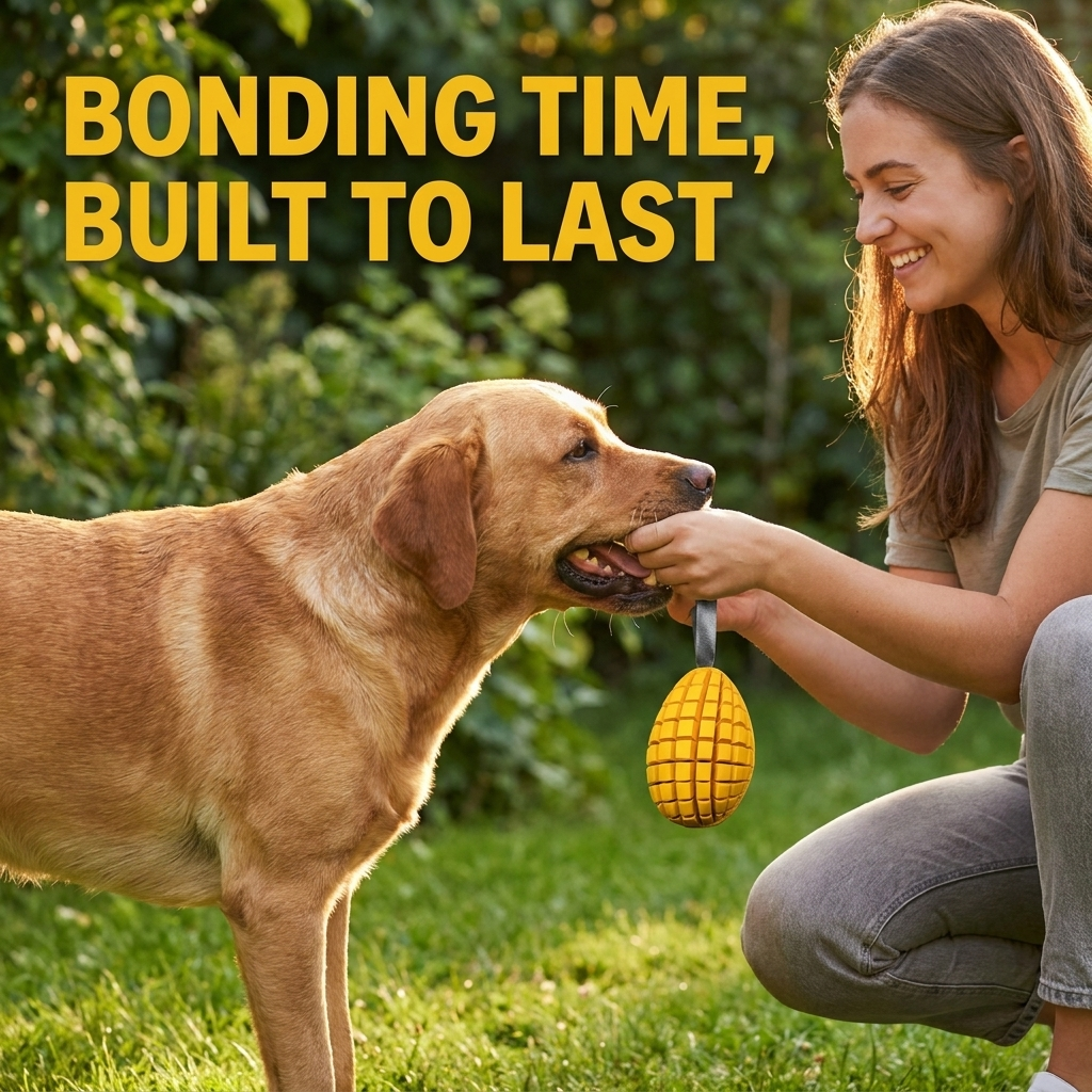 Chomper Mango dog toy tug of war with Labrador and owner