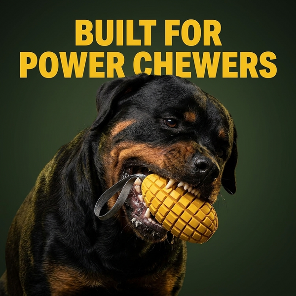 Chomper Mango dog toy with Rottweiler