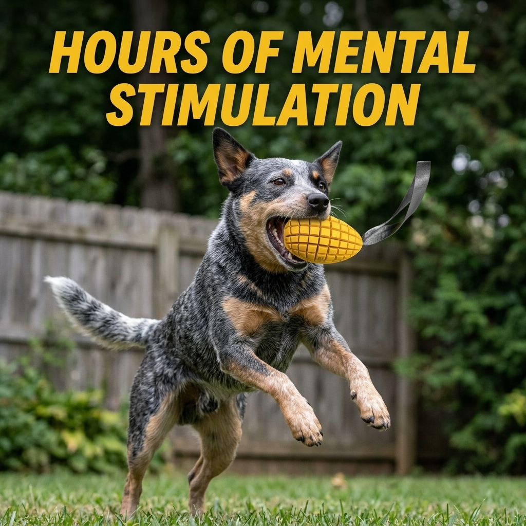Chomper Mango dog toy with Australian Cattle Dog