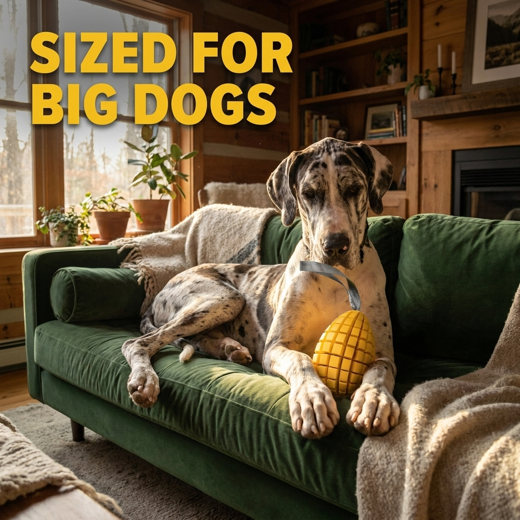 Chomper Mango dog toy with Great Dane
