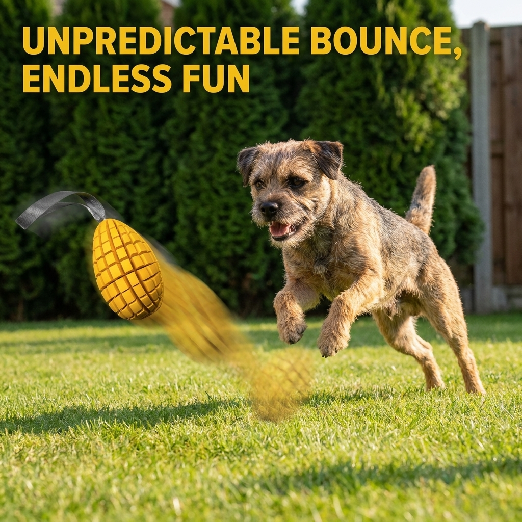 Chomper Mango dog toy with Border Terrier