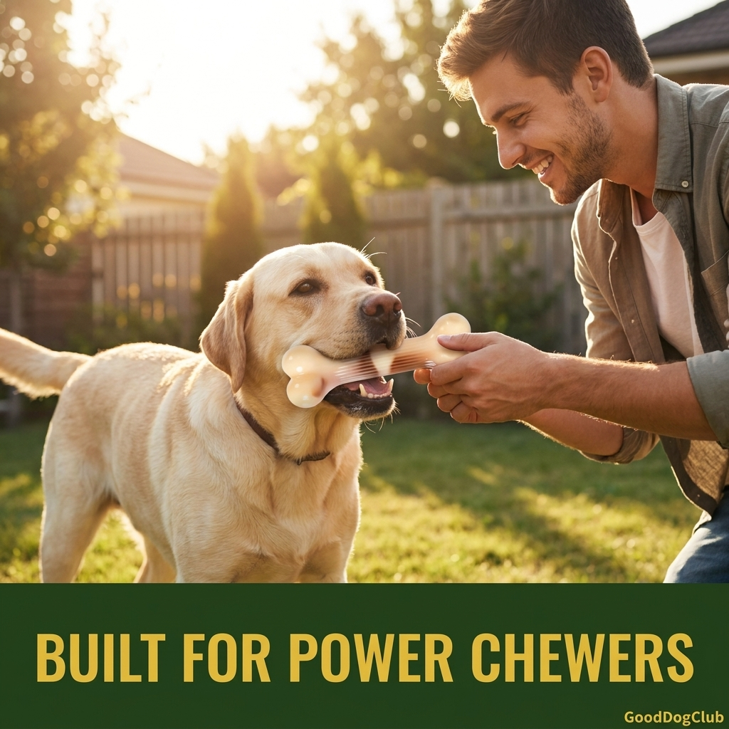 Labrador Retriever playing tug of war with Chomper Bone