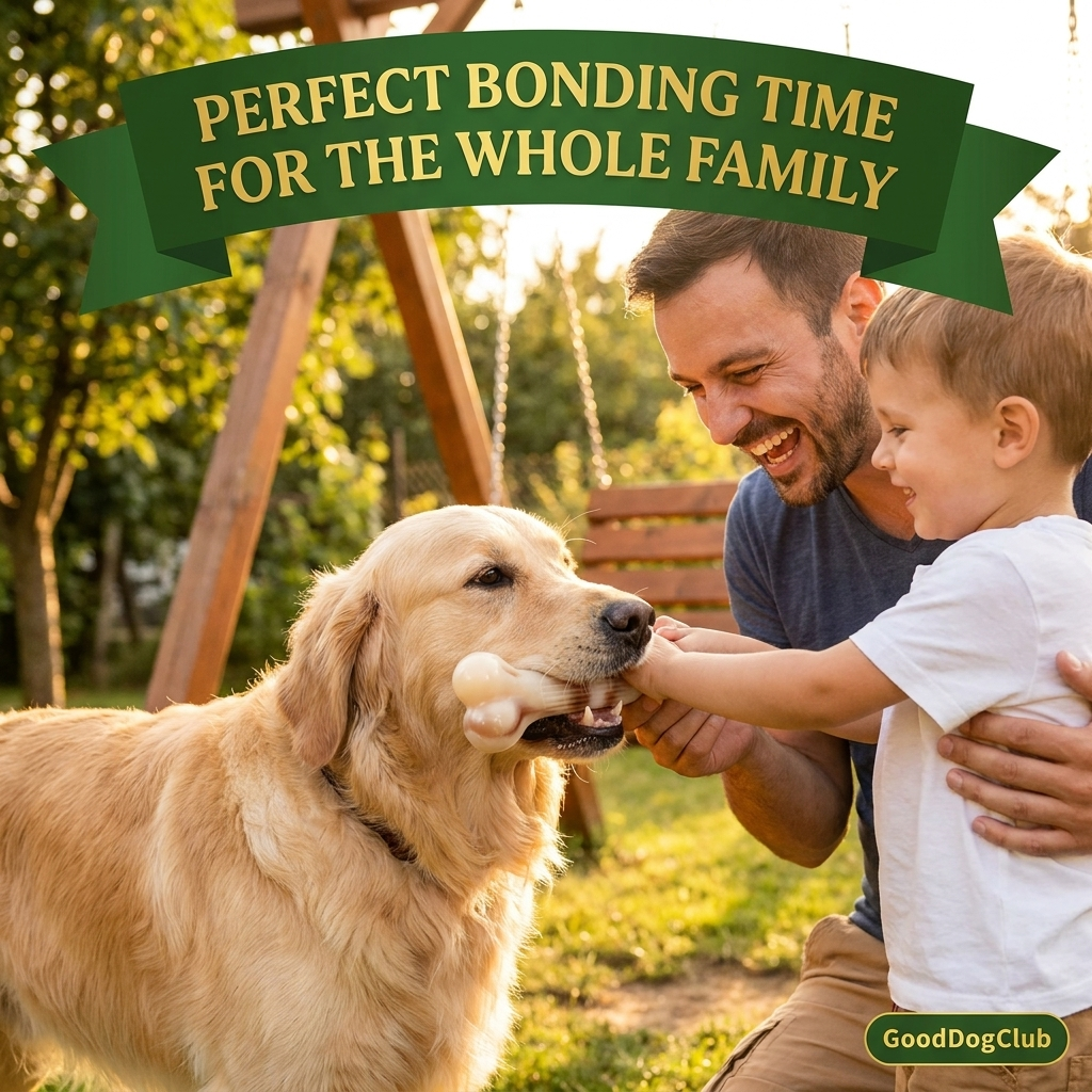 Golden Retriever family playing with Chomper Bone chew toy