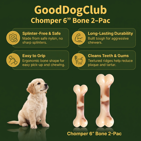 Chomper 6" Bone 2-Pac infographic with puppy and benefits