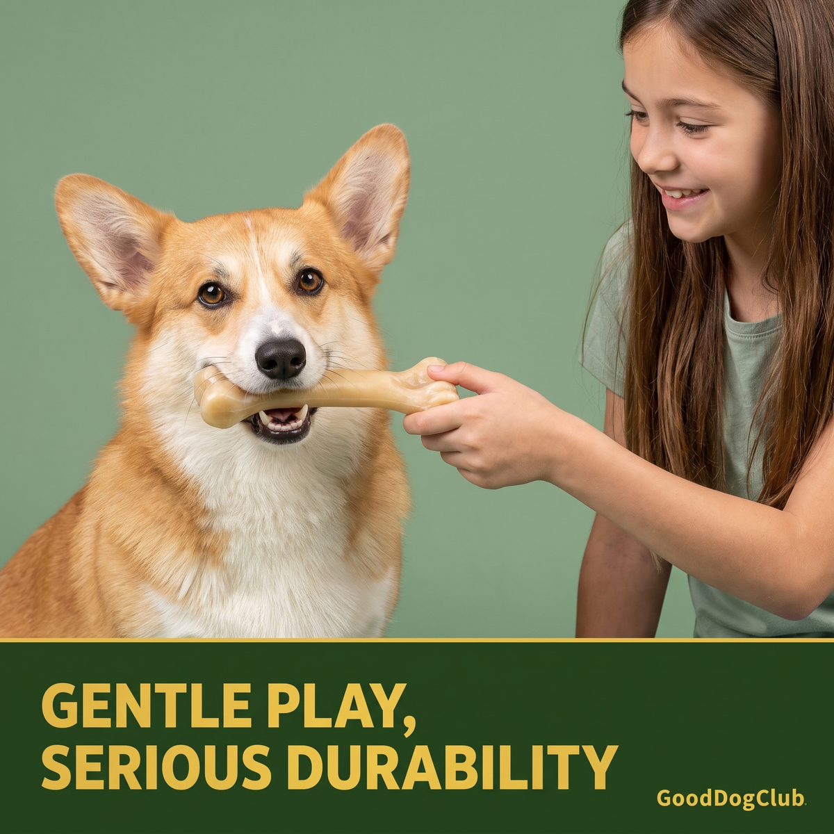 Corgi and girl playing tug of war with Chomper Knuckle Bone - Gentle Play, Serious Durability