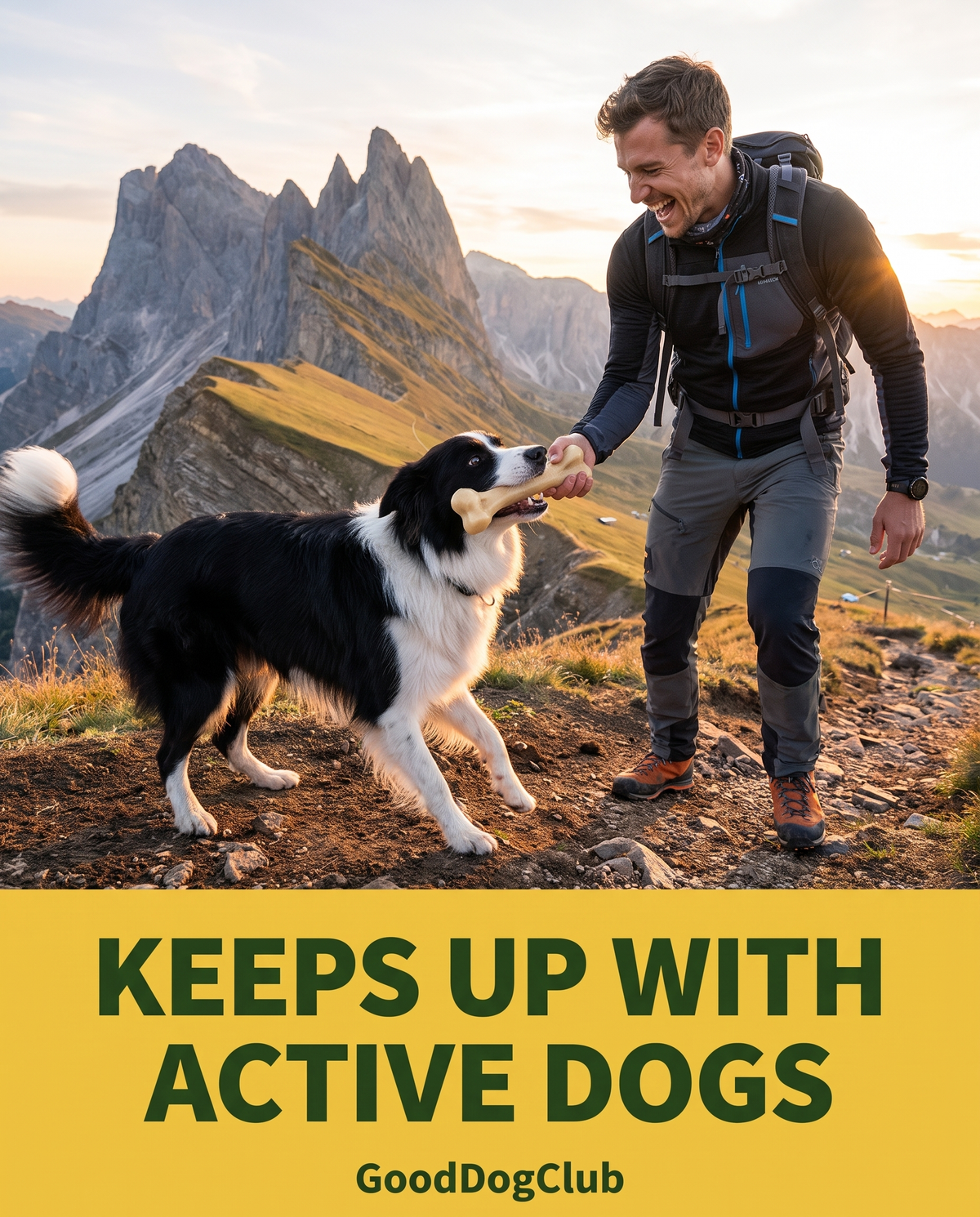 Border Collie playing tug of war with Chomper Knuckle Bone on a mountain trail - Keeps Up With Active Dogs