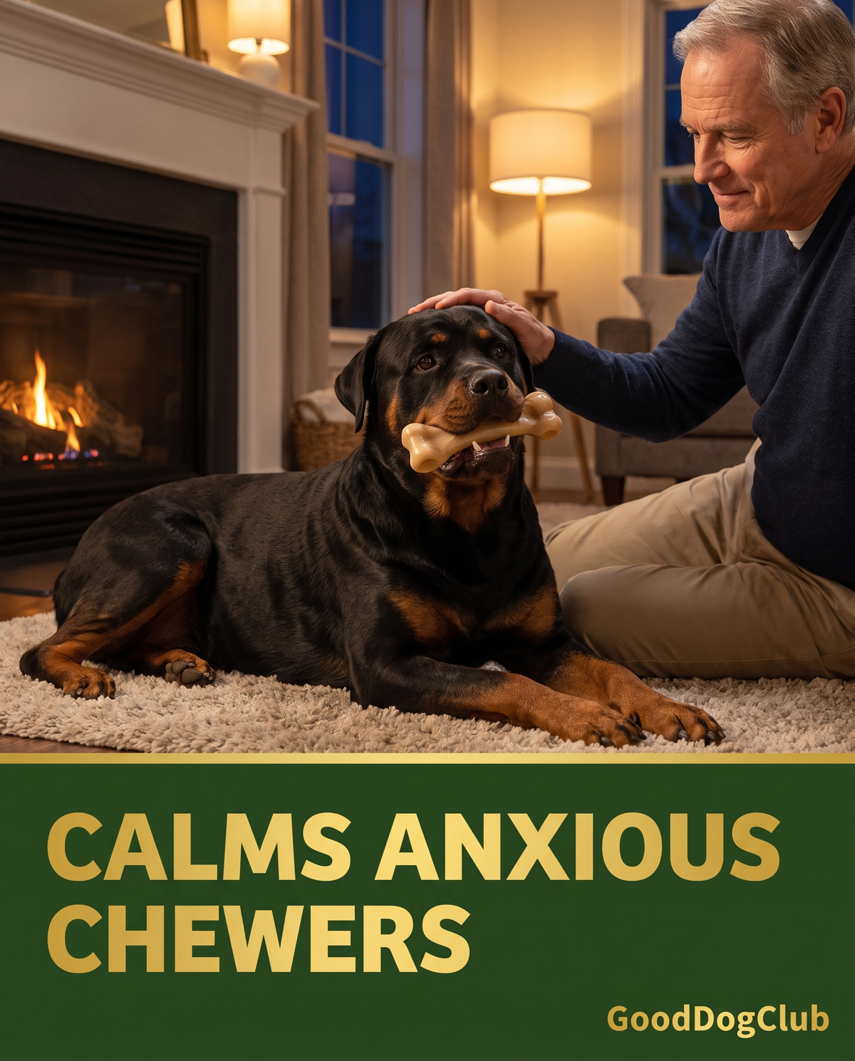Rottweiler playing tug of war with Chomper Knuckle Bone indoors - Calms Anxious Chewers