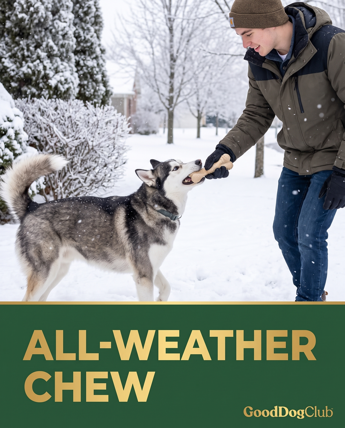 Husky playing tug of war with Chomper Knuckle Bone in snowy yard - All-Weather Chew