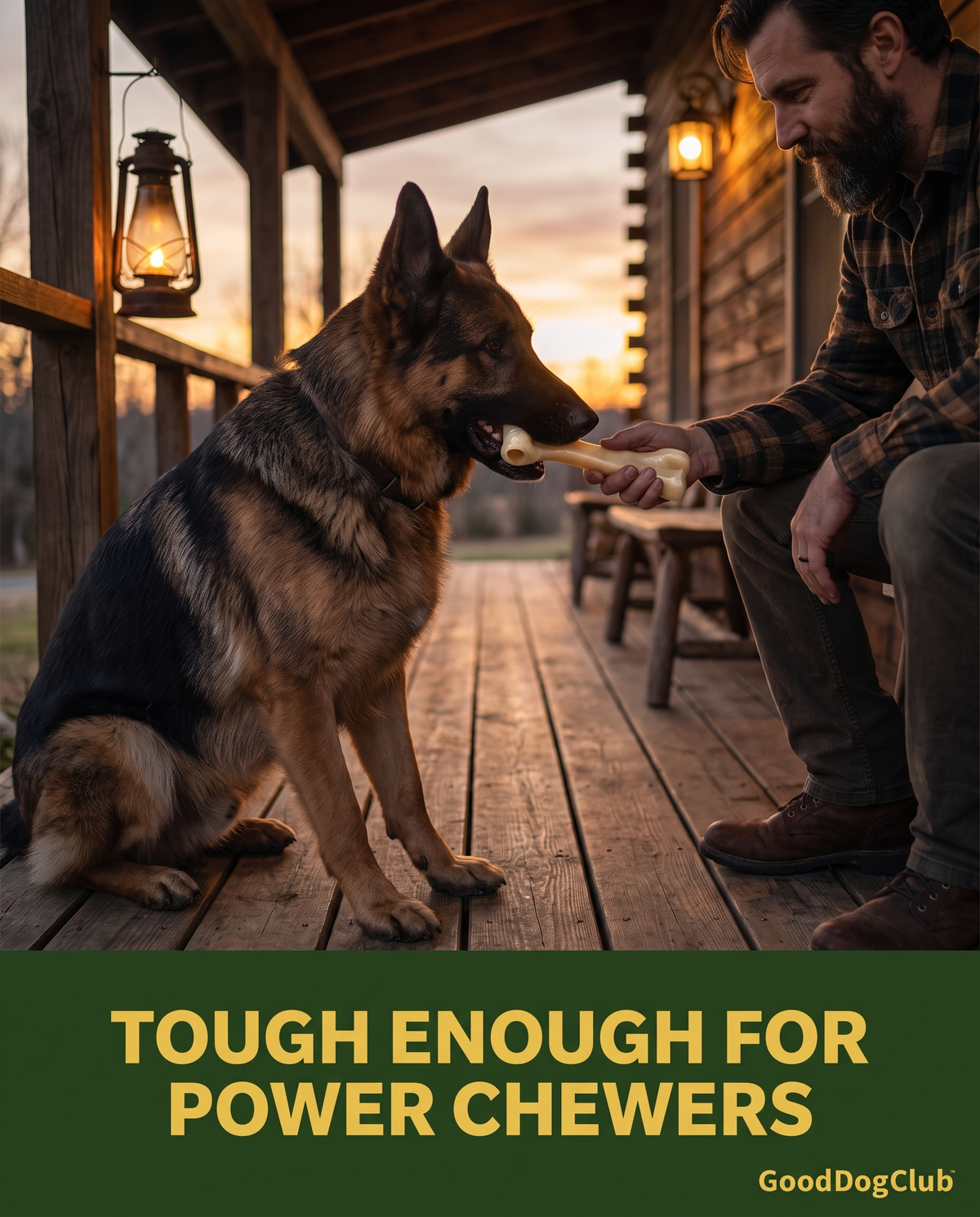 German Shepherd playing tug of war with Chomper Knuckle Bone at dusk - Tough Enough for Power Chewers