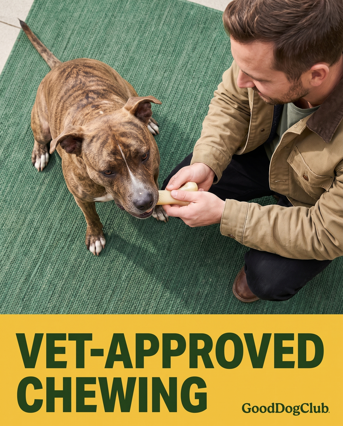 Pit Bull mix and owner both holding Chomper Knuckle Bone - Vet-Approved Chewing