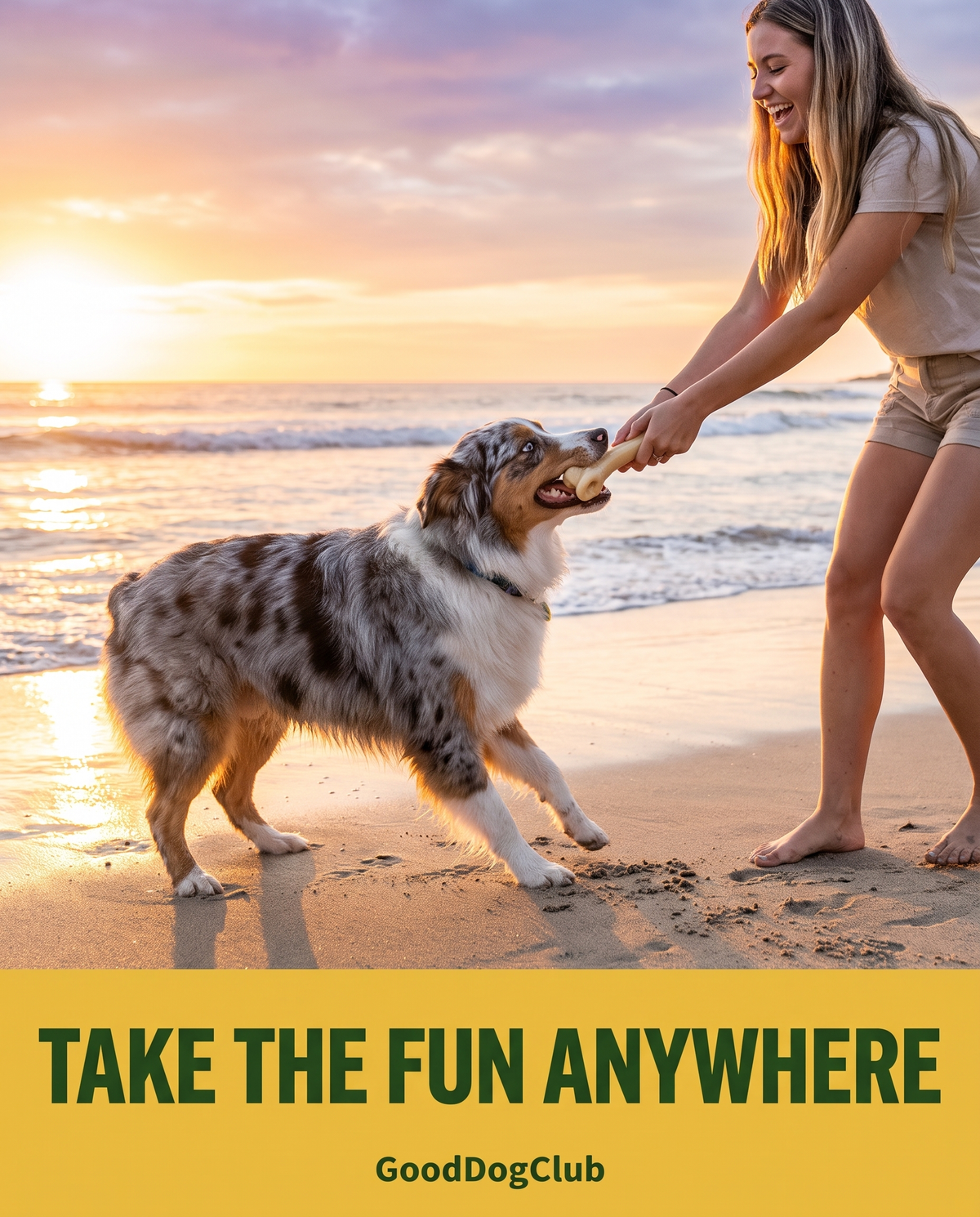Australian Shepherd playing tug of war with Chomper Knuckle Bone on the beach - Take the Fun Anywhere