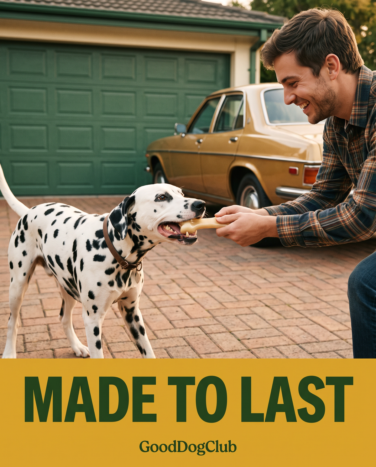 Dalmatian playing tug of war with Chomper Knuckle Bone in the driveway - Made to Last