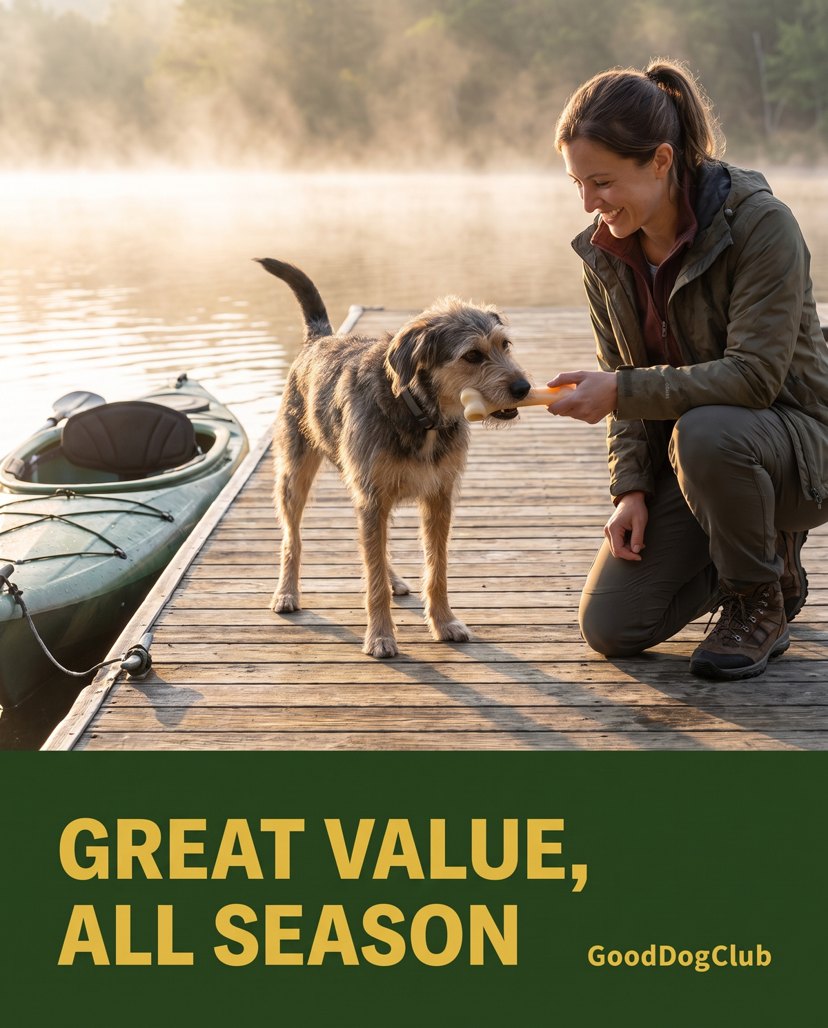 Mixed-breed dog playing tug of war with Chomper Knuckle Bone on a lake dock - Great Value, All Season