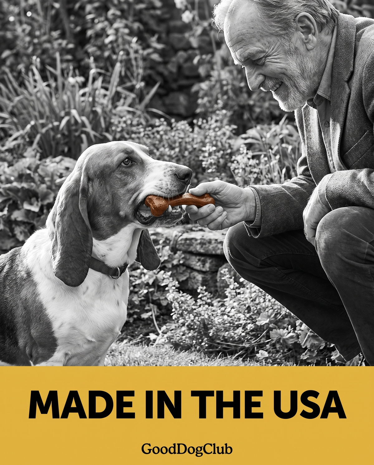 Basset Hound playing tug of war with Chomper Bison Bone in the garden - Made in the USA