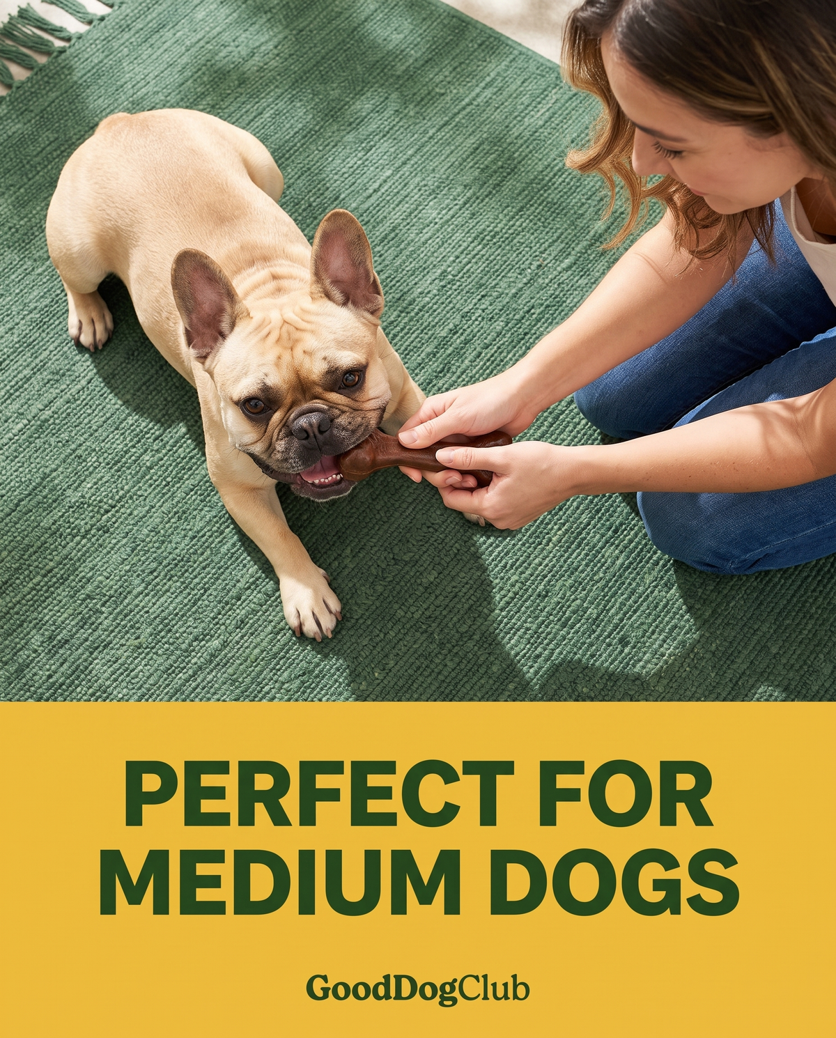 French Bulldog and owner holding Chomper Bison Bone - Perfect for Medium Dogs