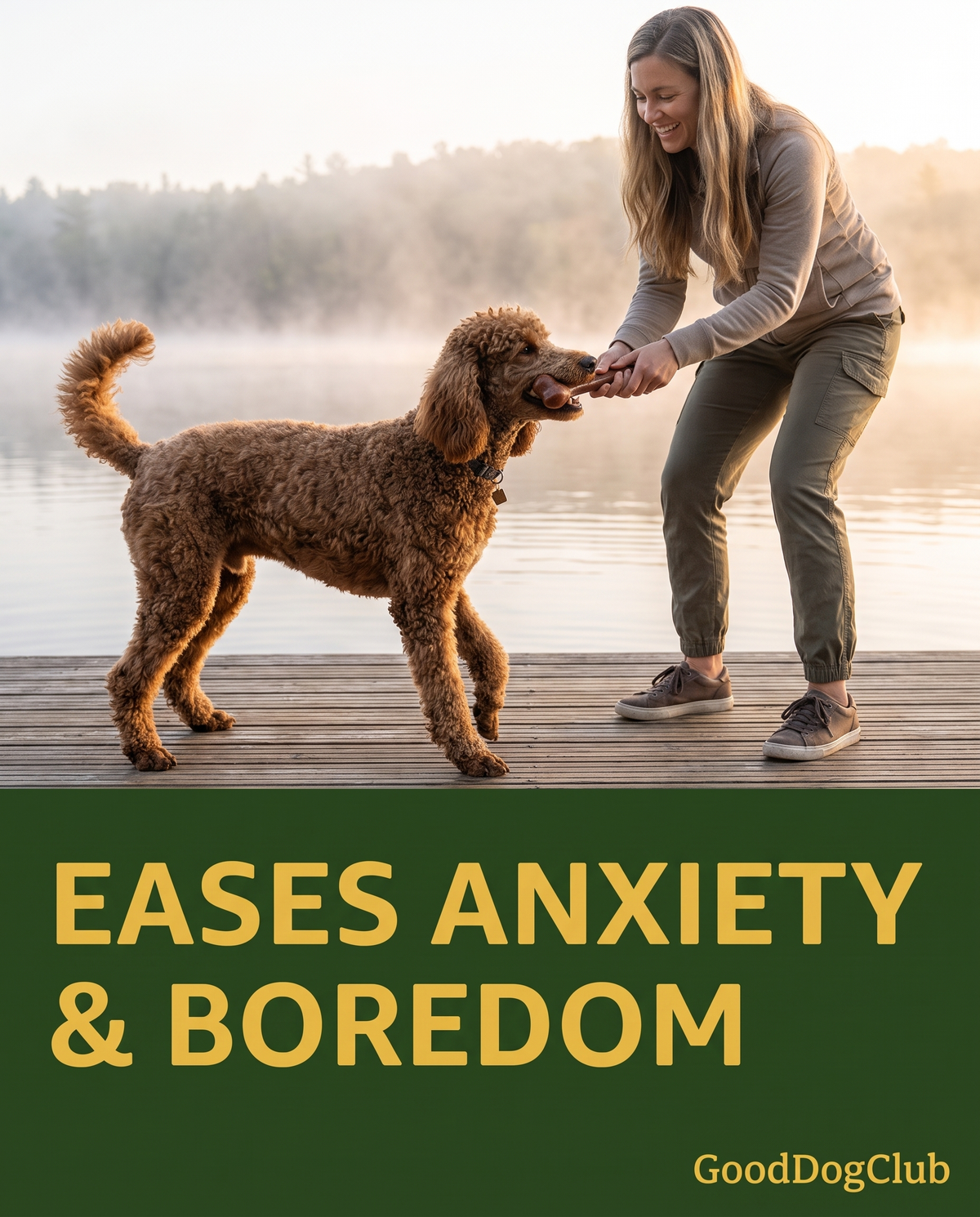 Standard Poodle playing tug of war with Chomper Bison Bone on a dock - Eases Anxiety & Boredom