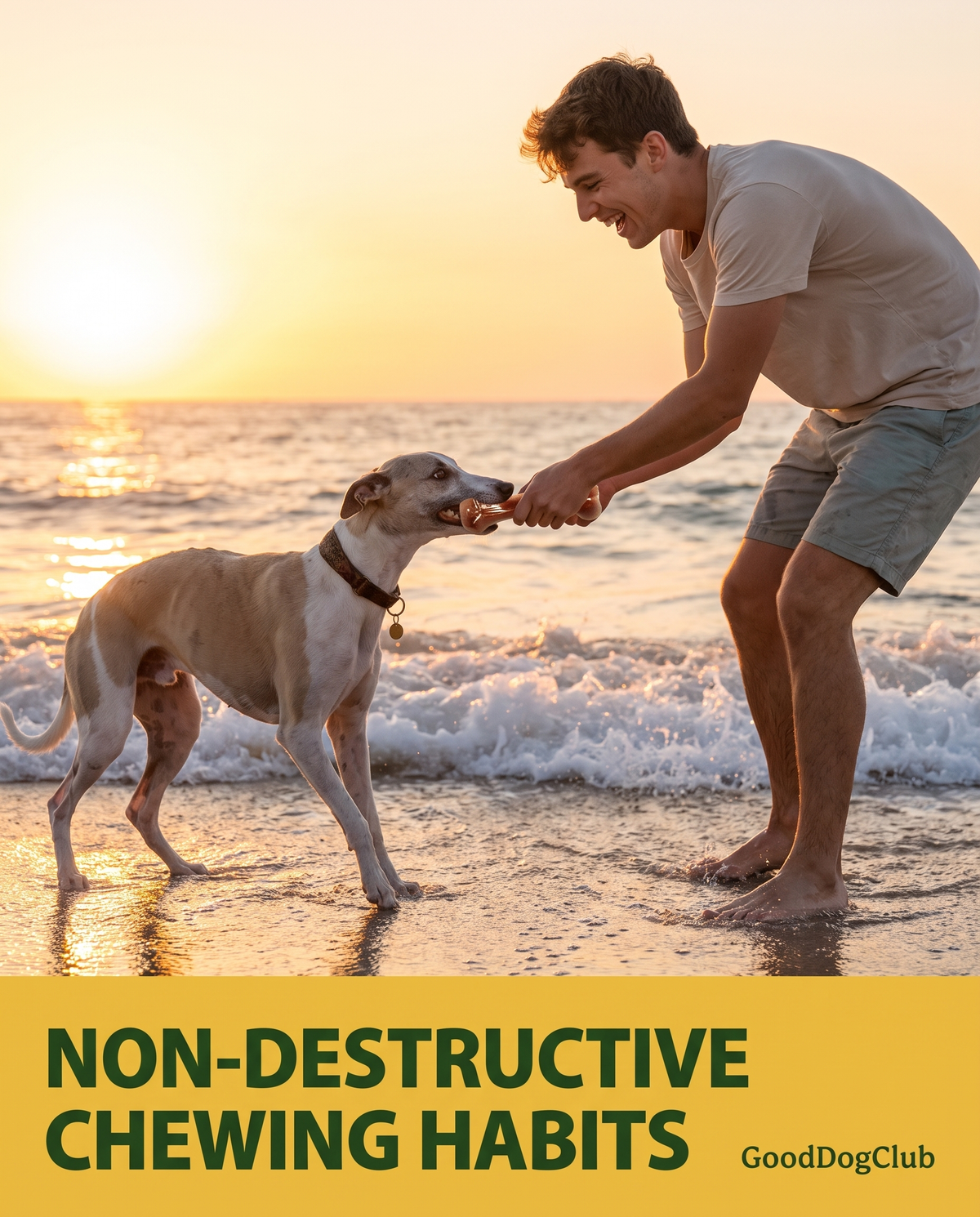 Whippet playing tug of war with Chomper Bison Bone on the beach - Non-Destructive Chewing Habits