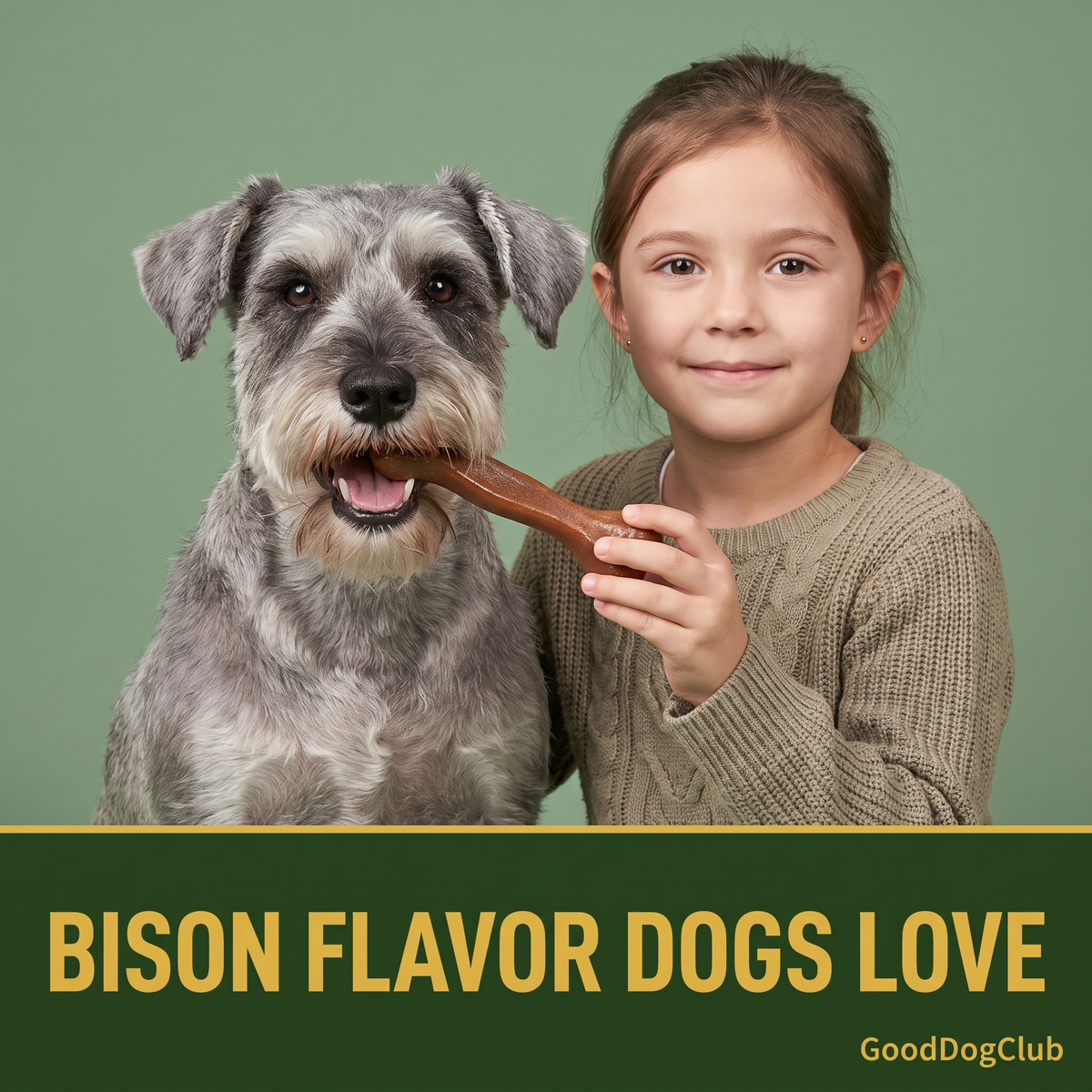 Schnauzer and girl holding Chomper Bison Bone in studio - Bison Flavor Dogs Love