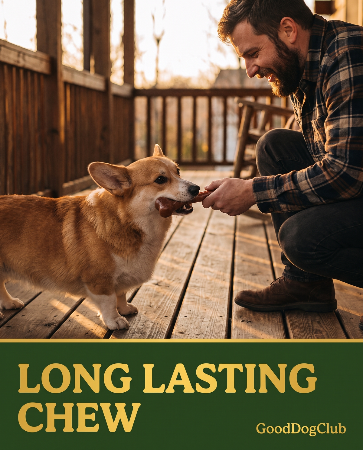 Corgi playing tug of war with Chomper Bison Bone on a porch - Long Lasting Chew