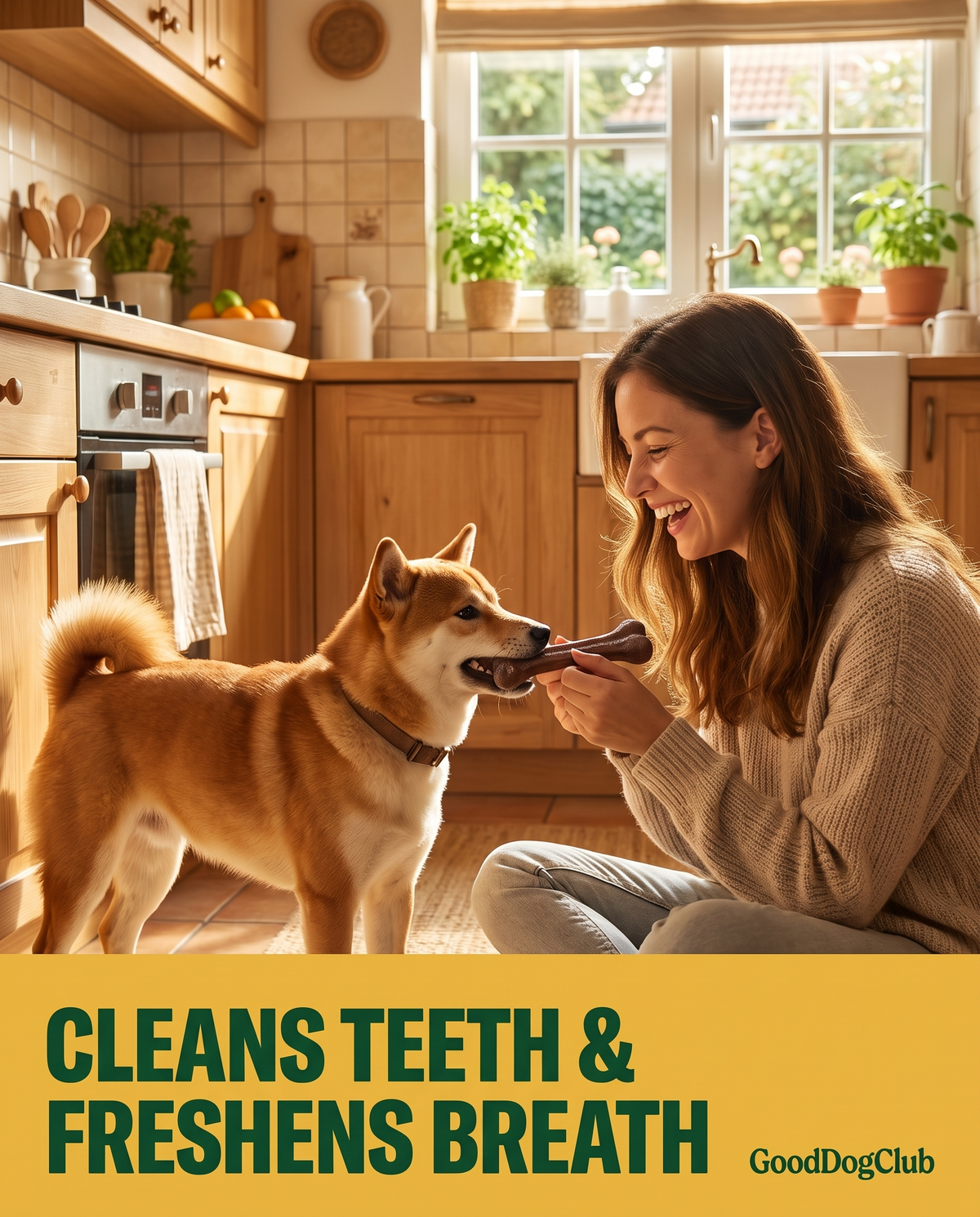 Shiba Inu playing tug of war with Chomper Bison Bone in the kitchen - Cleans Teeth & Freshens Breath