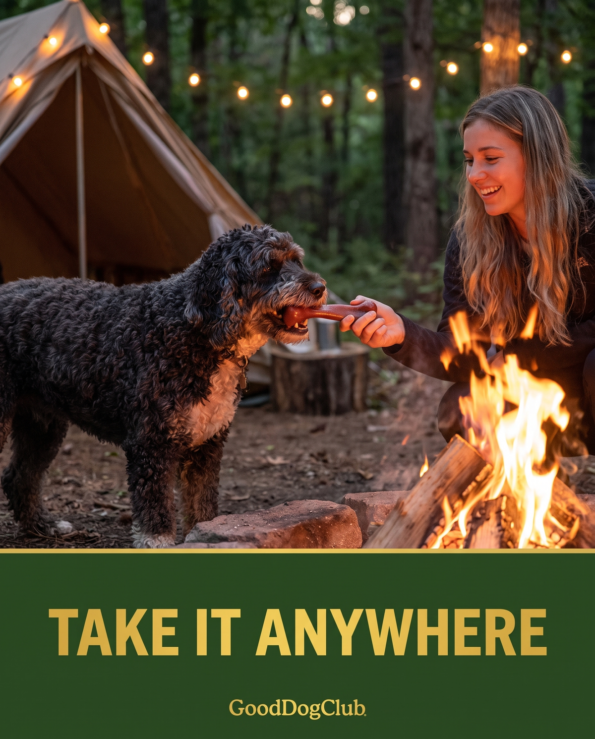 Portuguese Water Dog playing tug of war with Chomper Bison Bone by a campfire - Take It Anywhere