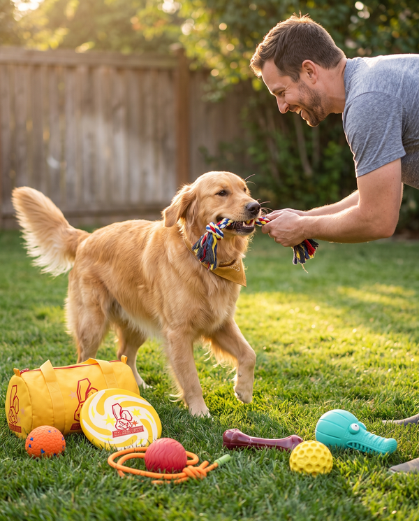 Golden retriever playing tug-of-war with owner, 9-Pac Chomper Bundle toys in backyard