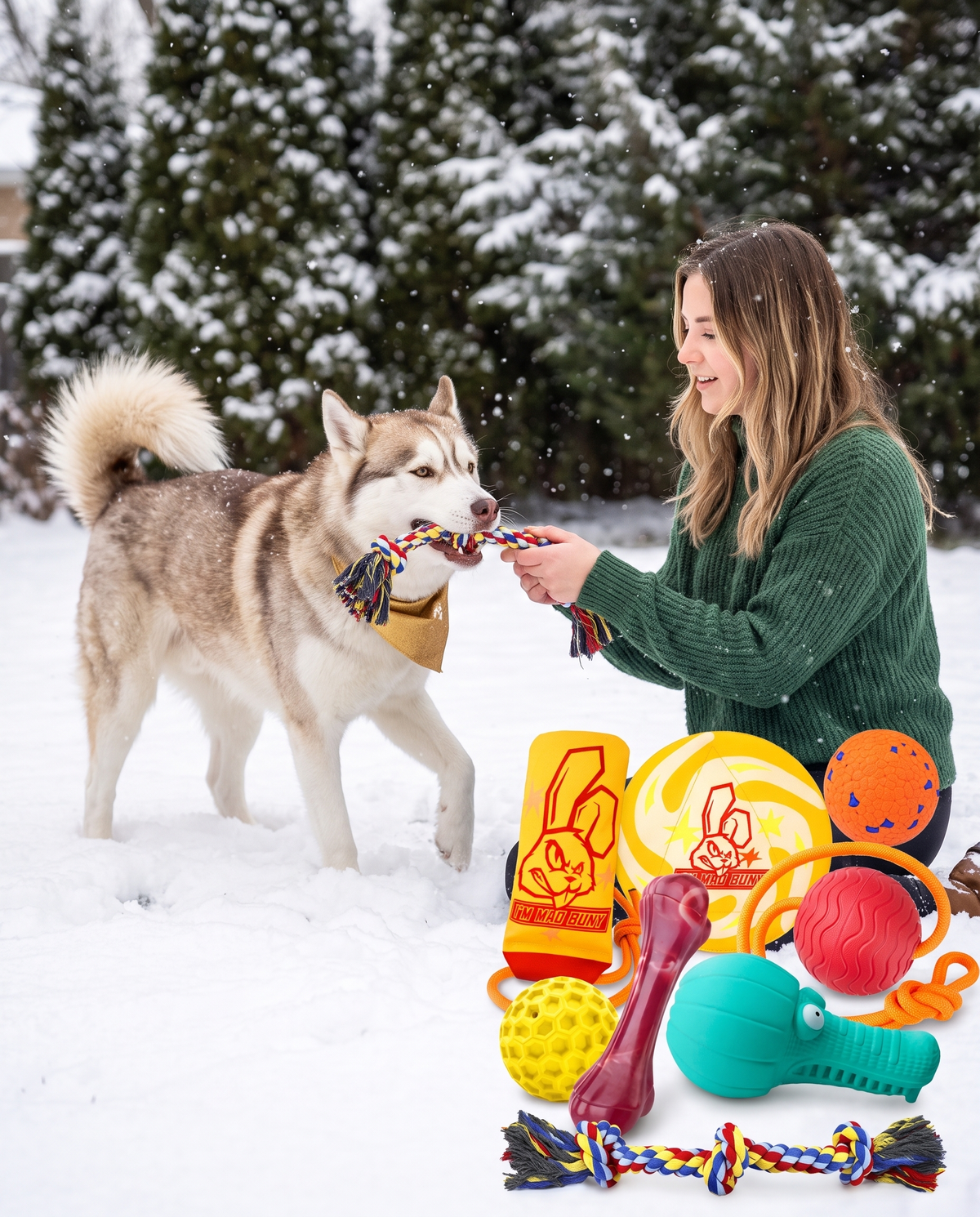 Husky playing with Chomper Bundle toys in the snow